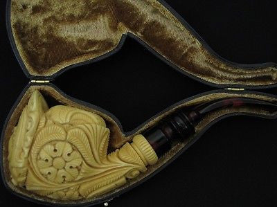 Floral Horse Emblem in Horseshoe Block Meerschaum Pipe w/Flowers by Mesut 1996
