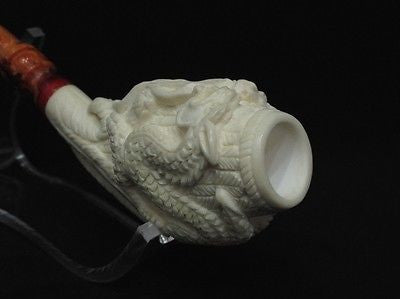 2 Embossed Dragons Meerschaum Pipe Horn shape by Medet smoking Mythological 0402