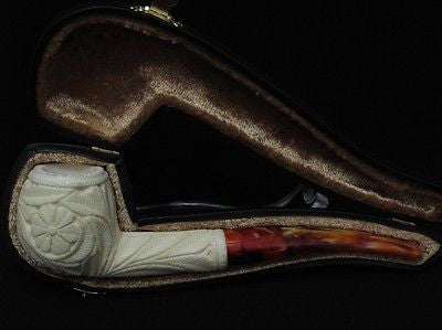 Straight Floral SolidBlock Meerschaum Pipe Flower Women Freehand Gift Case 1559