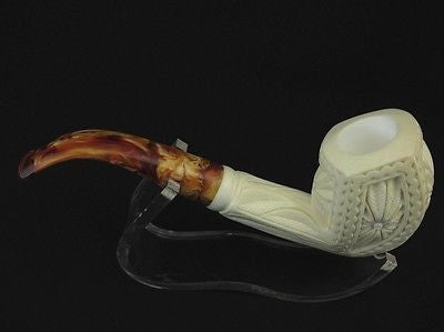 Floral Medieval Tobacco Classic Block Meerschaum Pipe Hand made Turkey Case 7781