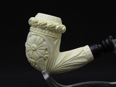 Bent Floral Calabash Block Meerschaum Pipe Gift Case Hand Carved Big Bowl 0726