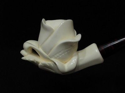 Rose Floral Block Meerschaum Pipe sepiolite seafoam Freehand Big Bowl Case 7522