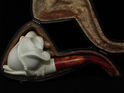 Rose in a Lady' Hand Block Meerschaum Pipe Flower Full Bent Gift Case Stand 7209