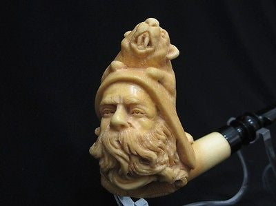 Hunter w/Beaver on Hat Solid Block Meerschaum Pipe Figurative by E. Cevher 7247