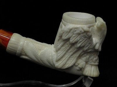2 Headed Eagle Emblem Meerschaum Pipe Sea foam stone free hand pipes case 3962