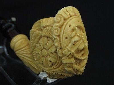 Floral Horse Emblem in Horseshoe Block Meerschaum Pipe w/Flowers by Mesut 1996
