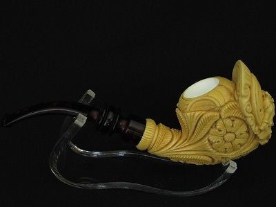 Floral Horse Emblem in Horseshoe Block Meerschaum Pipe w/Flowers by Mesut 1996
