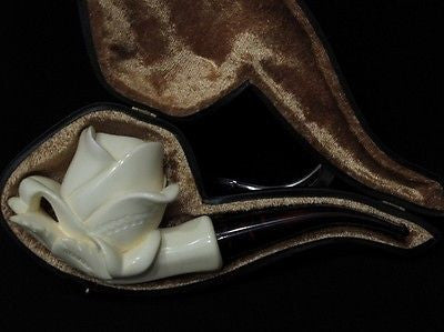 Rose Floral Block Meerschaum Pipe sepiolite seafoam Freehand Big Bowl Case 7522