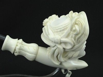 Lady Woman w/Floral Hat Smoking Block Meerschaum Pipe Acrylic Stem Turkey 0446