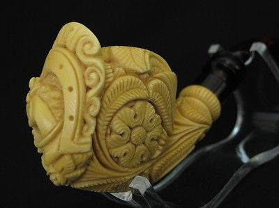Floral Horse Emblem in Horseshoe Block Meerschaum Pipe w/Flowers by Mesut 1996